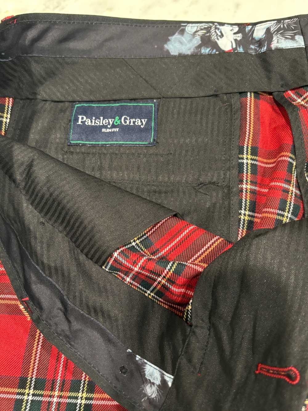 NWT Men’s Paisley & Gray Tuxedo Pants, Red Tartan, Slim Fit, 36x32 - Picture 7 of 7